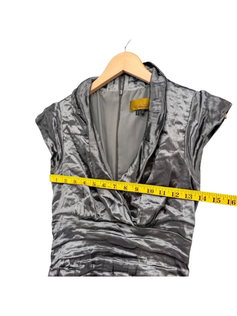 Nicole Miller Techno Metallic Dress Gunmetal Silver Ruched Cocktail Sheath Sz 8